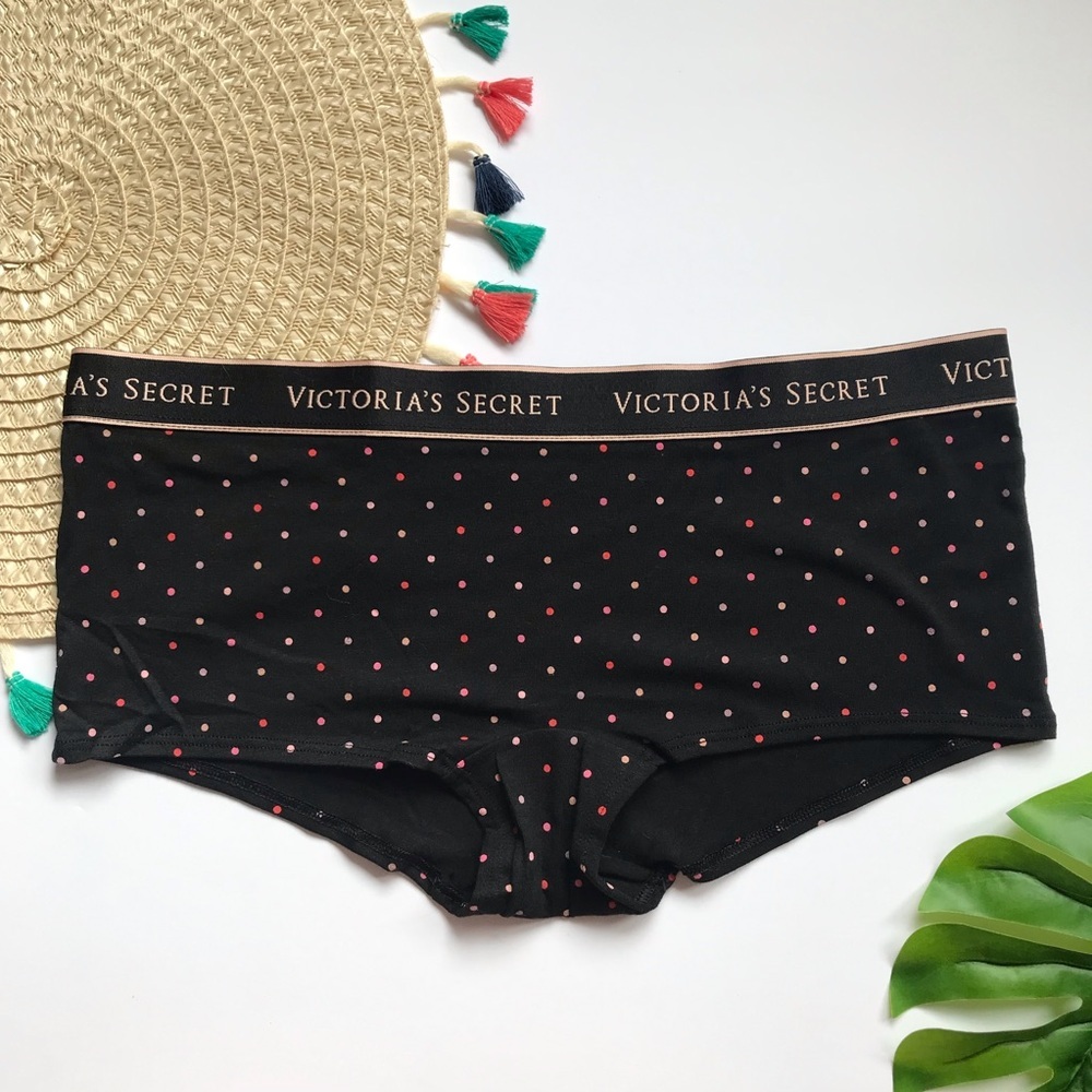 Victoria's Secret Logo Boyshort Panty Black Polka Dots Large NEW